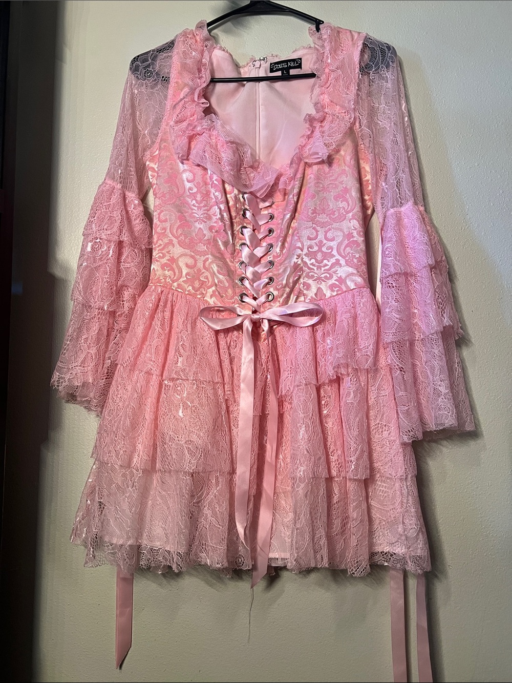 Pink Lace Bellsleeve Corseted Tiered Babydoll Fairy Renaissances Dress